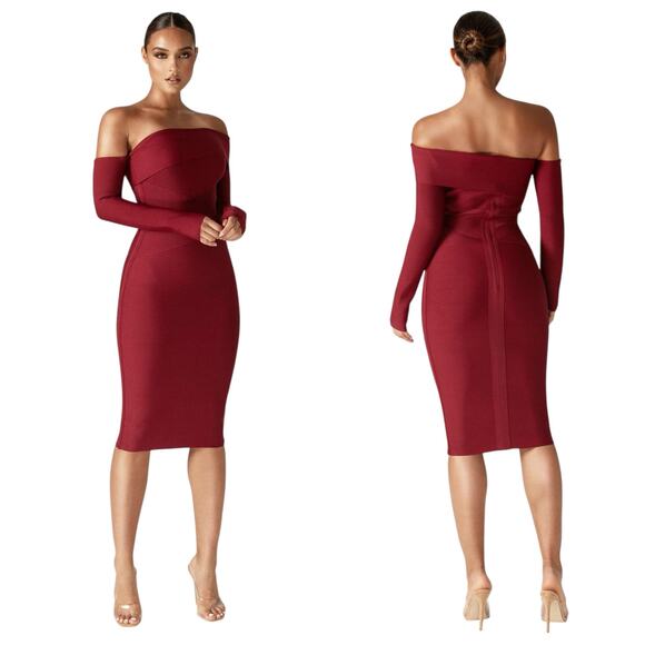 Alieva Dresses & Skirts - Alieva Shiva Off-the-Shoulder Bandage Bodycon Dress in Maroon size Medium NWT